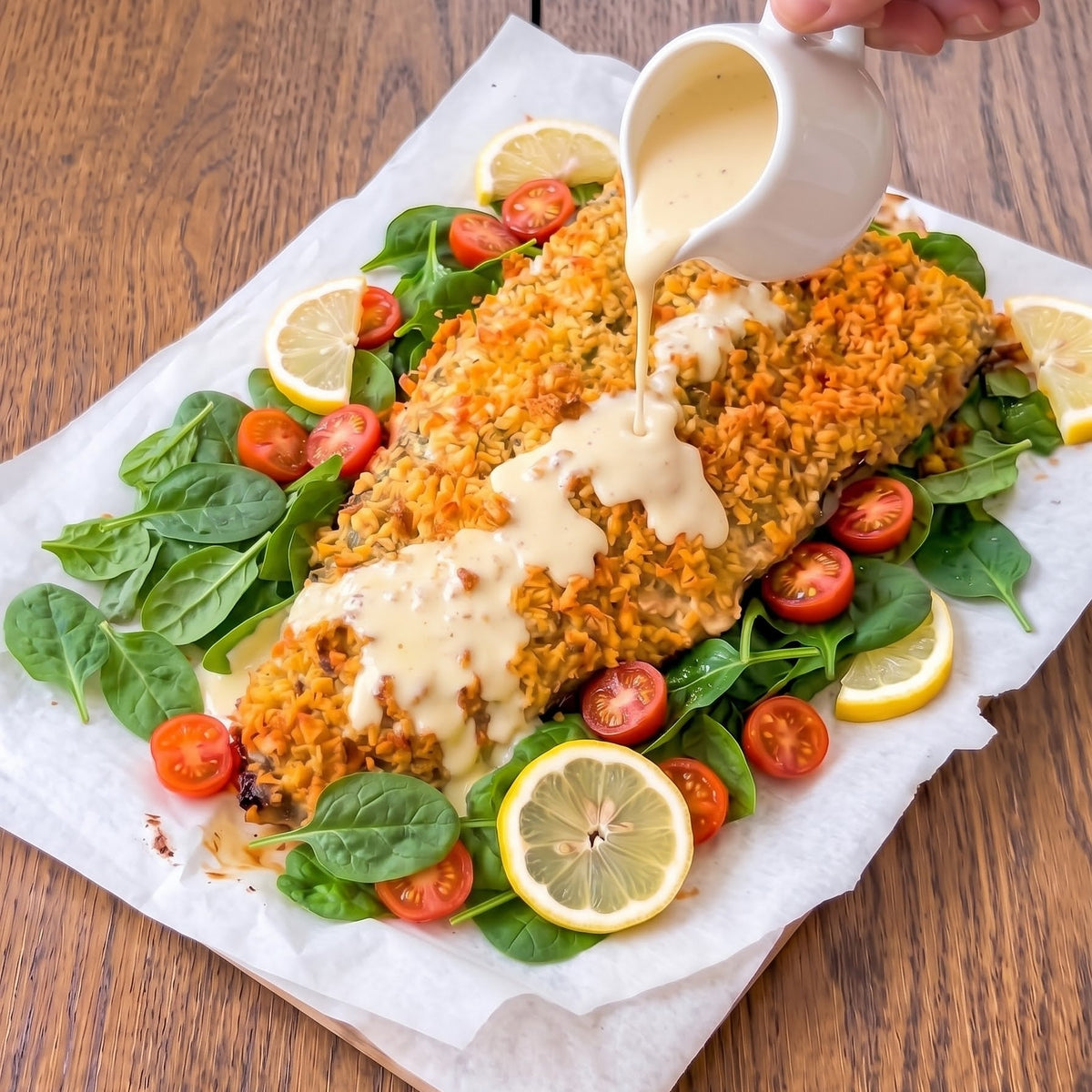 Panko Crusted Salmon with Lemon Butter Sauce