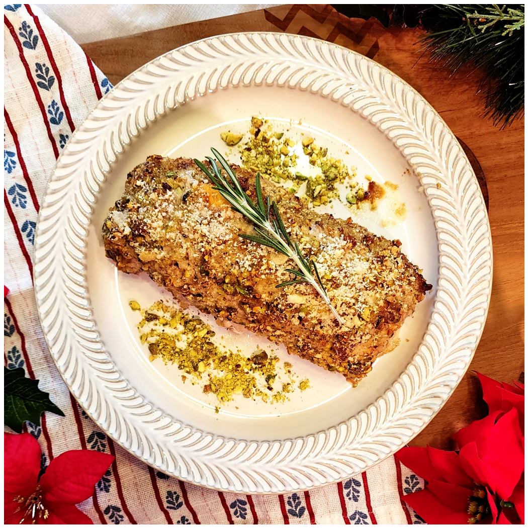 Pistachio Crusted Burnt Apple Pork Roll